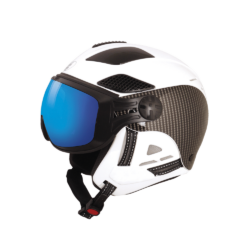 Casque de ski Diezz Louna II White Carbon avec visière ActivLux, vue de profil montrant la finition blanche avec effet carbone et la visière photochromique.